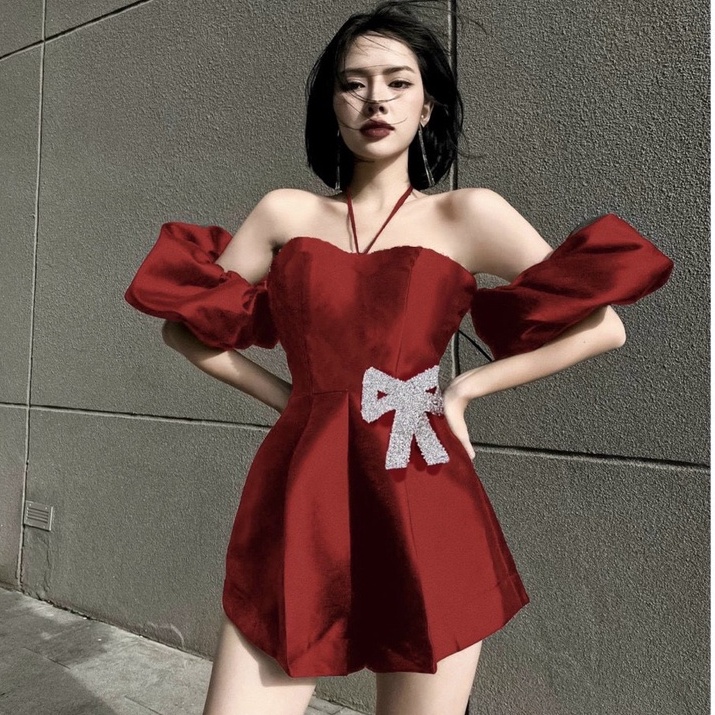 Set áo tay phồng cổ yếm Jumpsuit tiểu thư đính đá cực sang chảnh cho nữ phong cách dự tiệc dễ thương