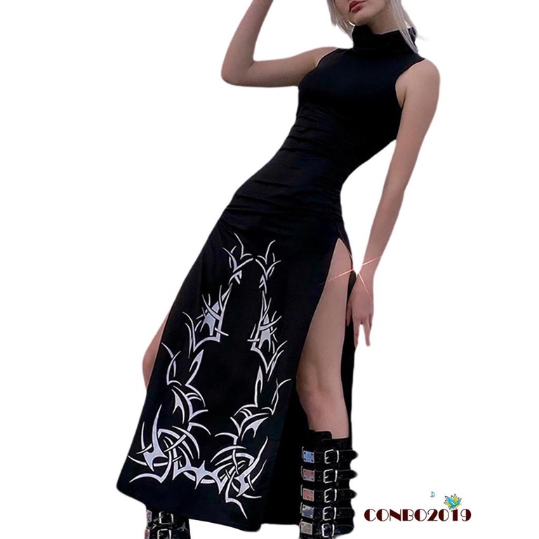 Đầm Dài Không Tay Cổ Cao Xẻ Tà Họa Tiết Vintage Cho Nữ