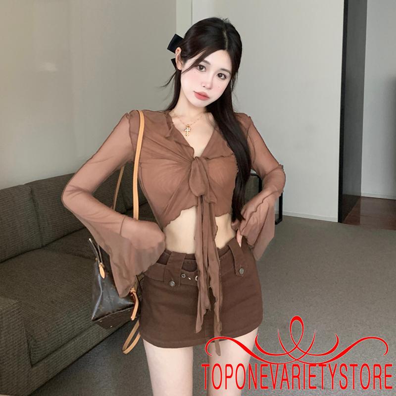 Áo Croptop Tay Dài Màu Trơn Phối Lưới Xuyên Thấu Thời Trang Đường Phố Cho Nữ