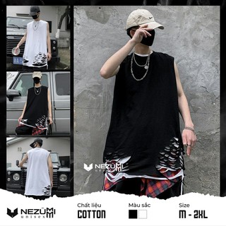 (Sẵn đen, trắng) Áo tanktop unisex nam nữ rách gấu tạo layer