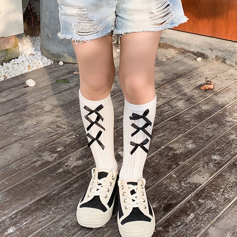 Vớ Lưới Thoáng Khí Cỡ Vừa Họa Tiết Hoa Đính Nơ Màu Trắng Đen Đơn Giản Thời Trang Cho Bé