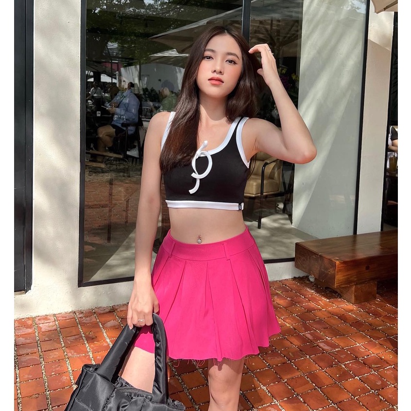 Áo thun croptop HEYBEE phối viền màu có nơ  - HAT11