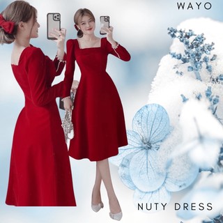 [Nuty Dress] Đầm WAYO nhung cổ vuông viền ngọc tay đính ngọc diện noel tết xinh đẹp