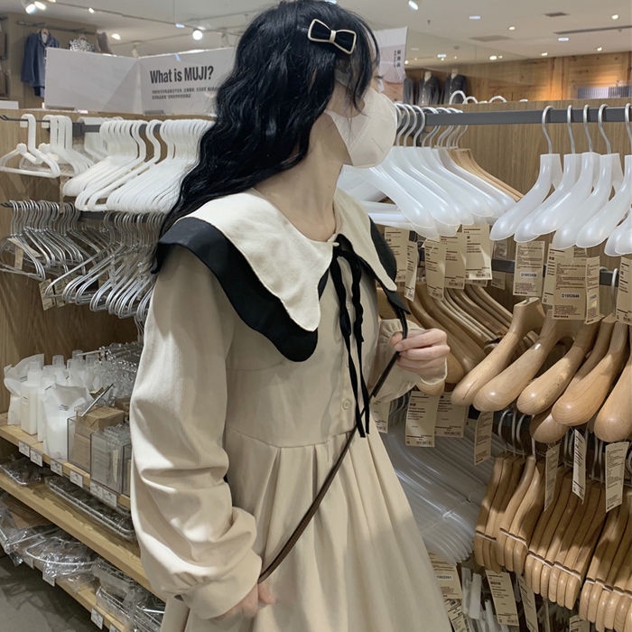 🎀váy babydoll dáng dài váy mùa đông cho nữ váy dài Đầm Nữ Dài Tay Cổ Thắt Dây Hai Lớp Thời Trang Hàn Quốc Mới