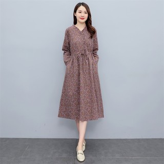 Đầm Cotton Lanh Mỏng Tay Dài In Hoa Phong Cách Phương Tây Thời Trang Xuân Thu Mới Dành Cho Phụ Nữ Trung Niên
