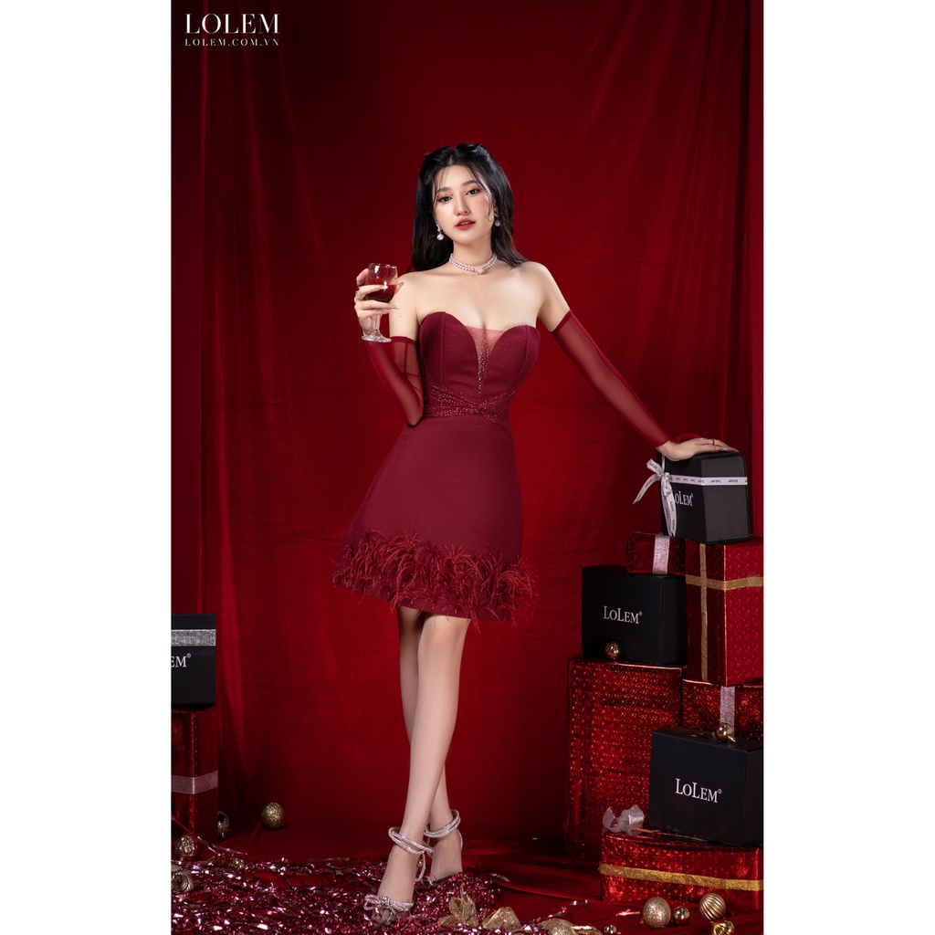 Đầm cúp ngực LOLEM DO208 xoắn eo vải tweed sợi pha kim tuyến