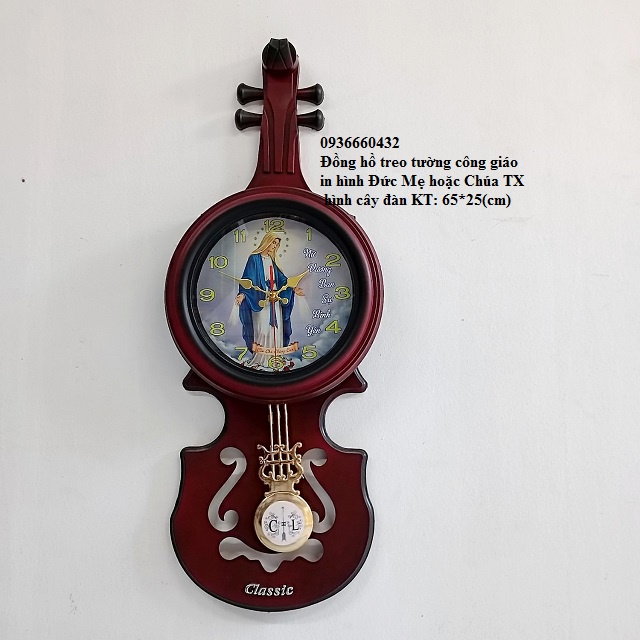 Đồng hồ treo tường hình cây đàn - quà tặng công giáo kt 65*25