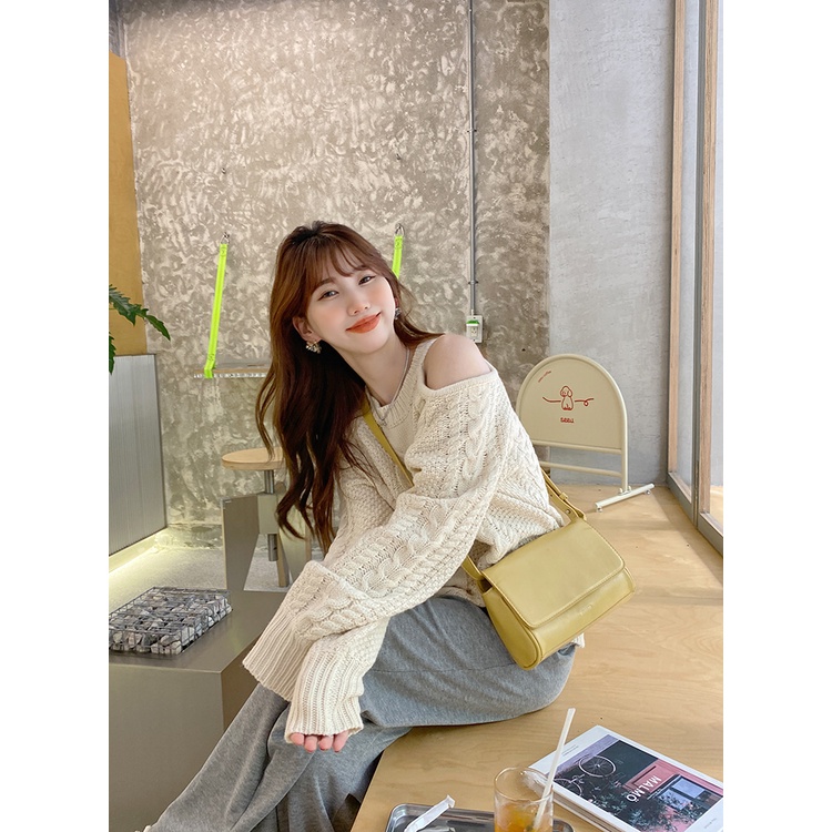 ZHELIHANGFEI Áo Sweater Dài Tay Trễ Vai Xinh Xắn Theo Phong Cách Pháp