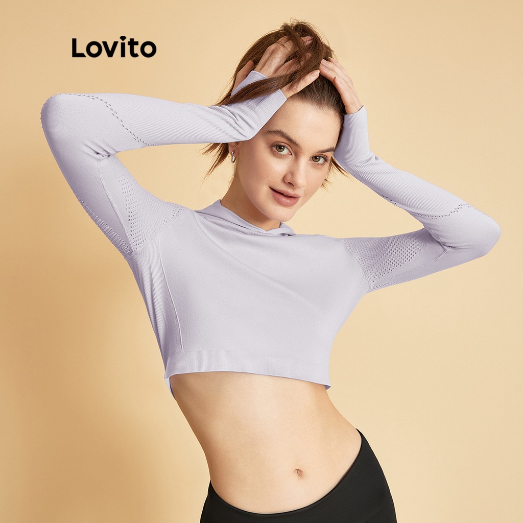 Lovito Chống đổ mồ hôi Huấn luyện bơi lội Đi bộ đường dài liền mạch Mũ trùm đầu thể thao nữ Áo phông thể thao L34AD010 (Tím / Đen)