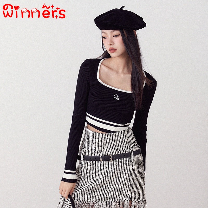 Áo Dệt Kim Tay Dài Cổ Vuông Màu Sắc Tương Phản Phong Cách Retro Dành Cho Nữ
