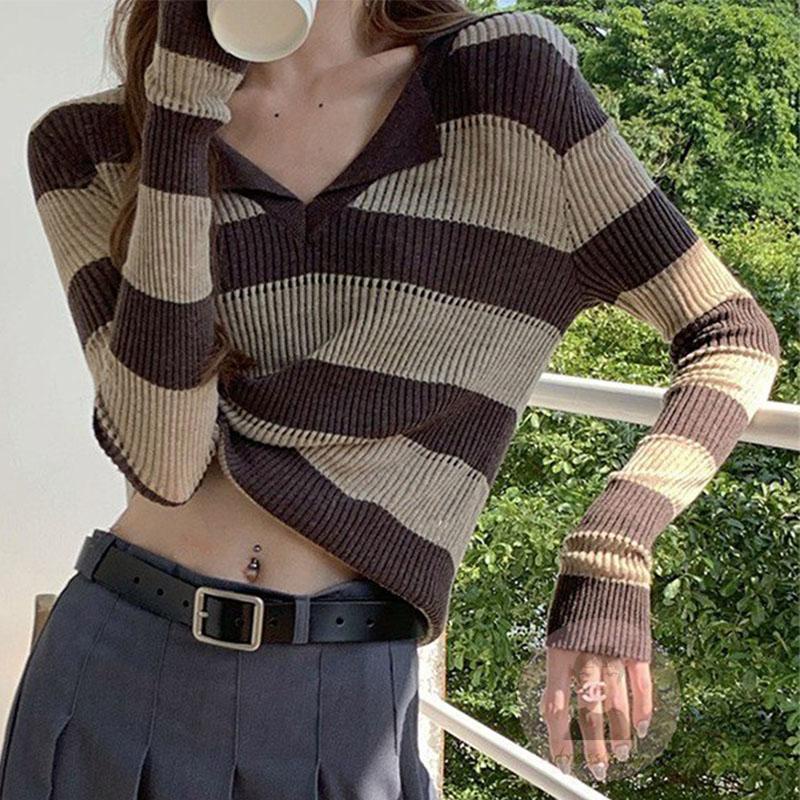 Áo Thun Dệt Kim Tay Dài Cổ Bẻ Họa Tiết Kẻ Sọc Màu Tương Phản Thời Trang Cho Nữ