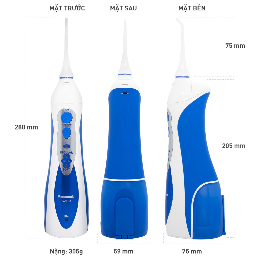 Tăm nước Panasonic, máy tăm nước chính hãng cao cấp giúp xỉa răng sạch và mát xa nướu nhẹ nhàng EW1211 GSTBeauty 0360005