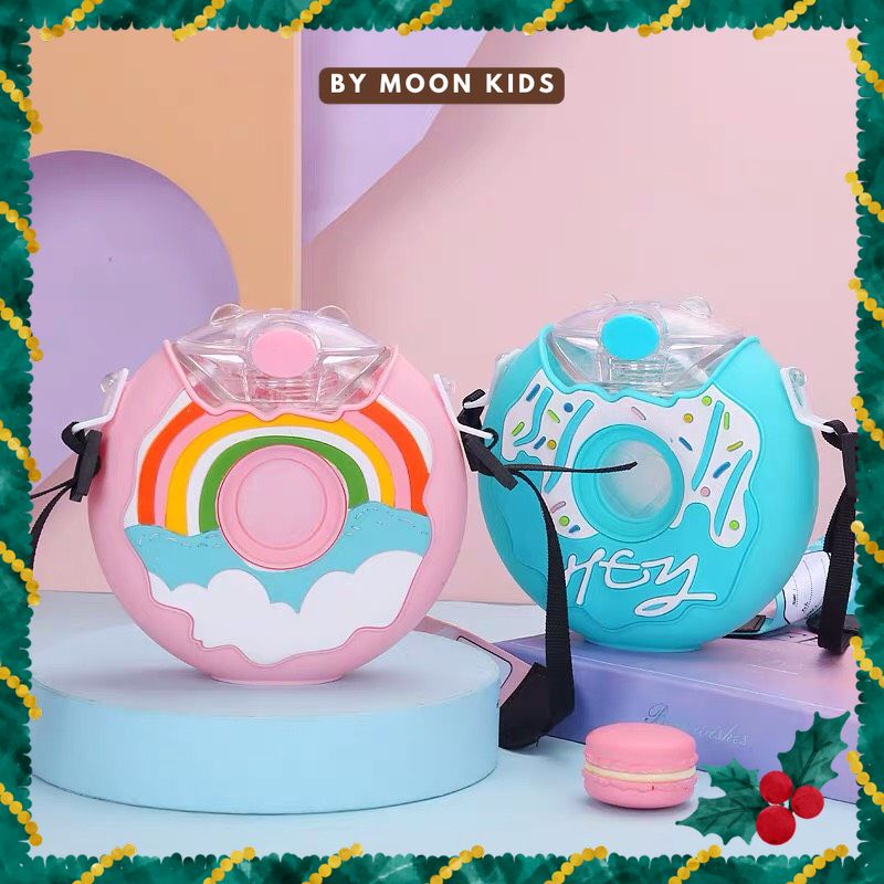 Bình uống nước chông sặc hình bánh donut kèm ống hút, dây đeo cho bé 380ml - Moon kids fashion