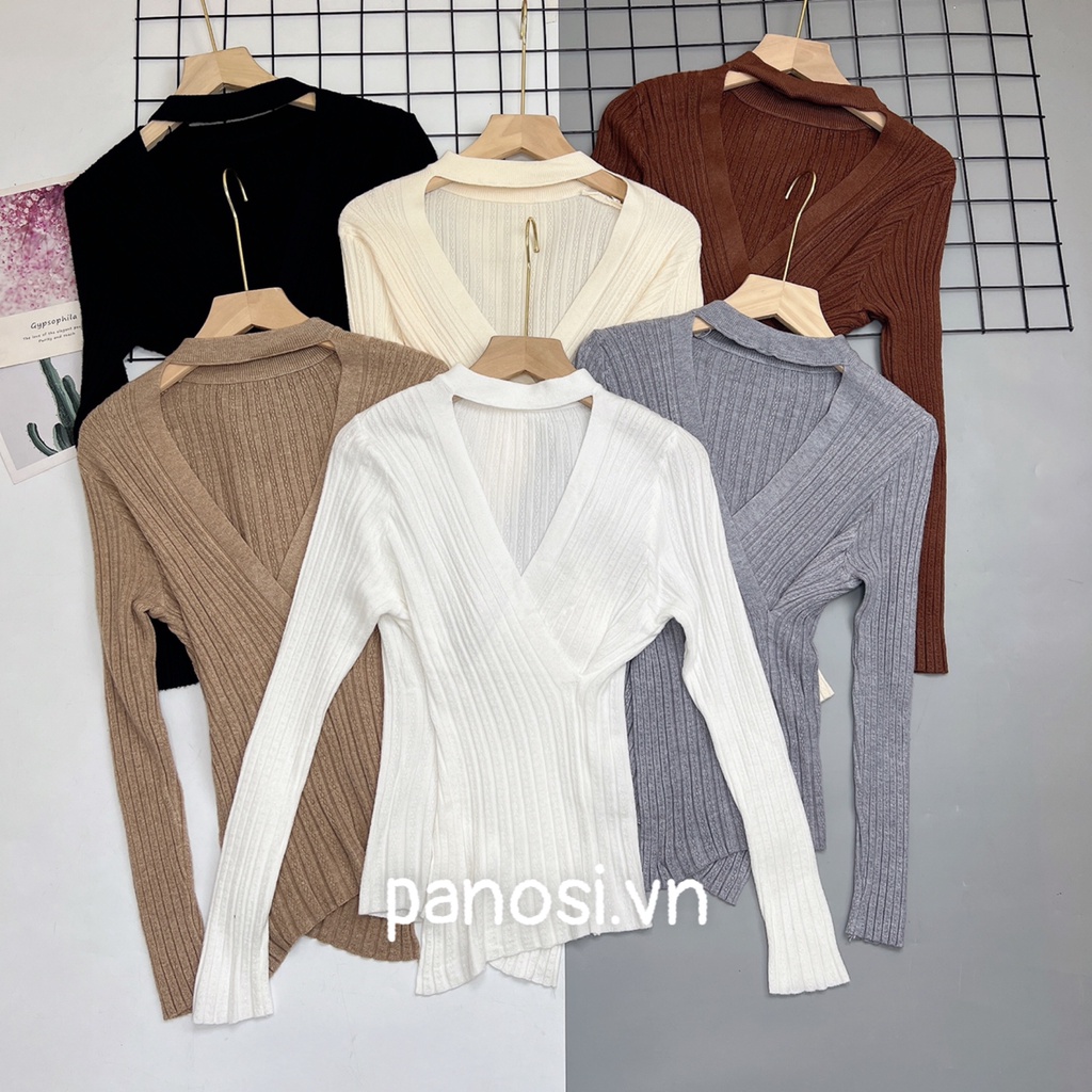 Áo len nữ áo len kiểu vạt chéo cổ tim dây choker nữ tính nhẹ nhàng PANOSI - A709