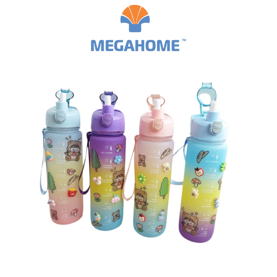 Bình nước nhựa cao cấp 1000ml, bình nước cute có dây đeo, ống hút tiện lợi Tặng Kèm Hình Dán siêu xinh