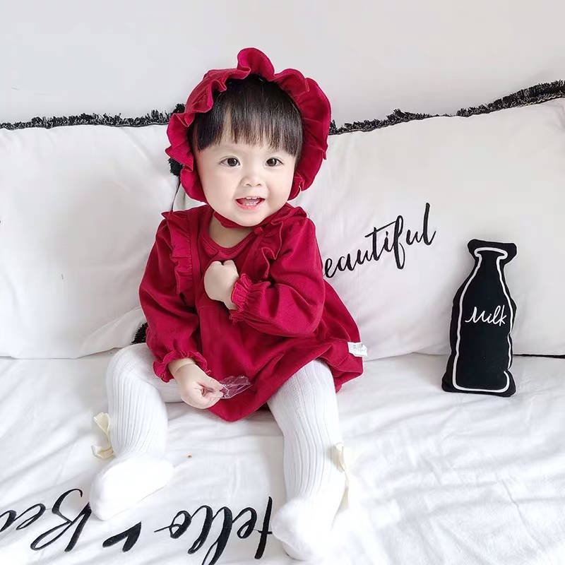 Set áo liền quần và mũ BCBL tay dài màu đỏ thời trang mùa xuân 2023 xinh xắn dành cho bé gái