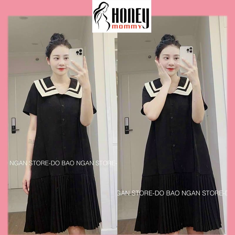 Đầm Bầu Váy Bầu Công Sở Cổ Sơ Mi Dáng Suông Xếp Ly Lịch Sự Nhã Nhặn Cộc Tay HD2729 Honey Mommy