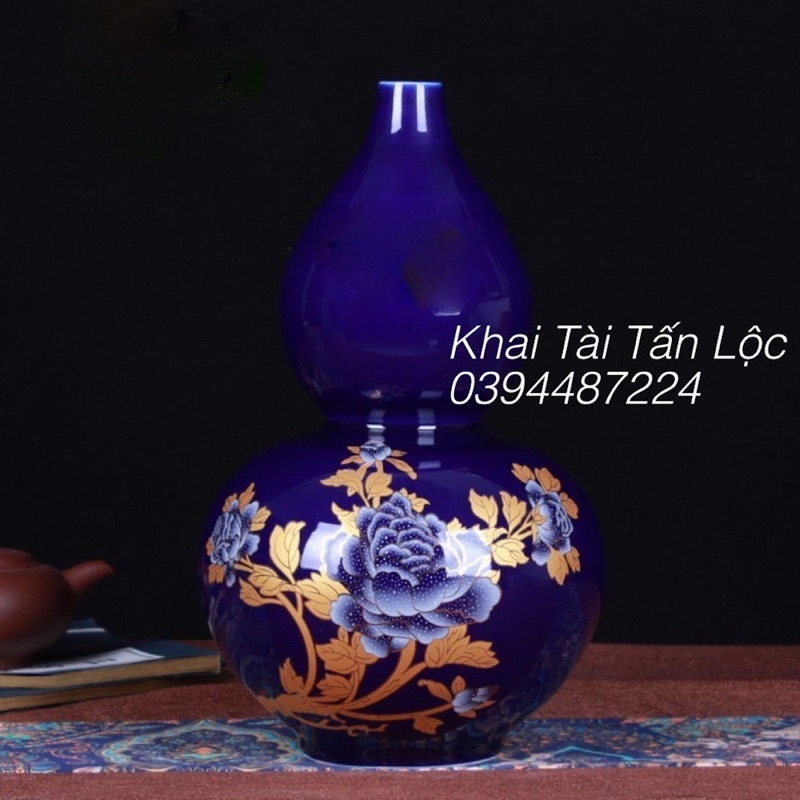 Bình hoa hồ lô gốm sứ vẽ mẫu đơn cao 24cm tặng đế gỗ