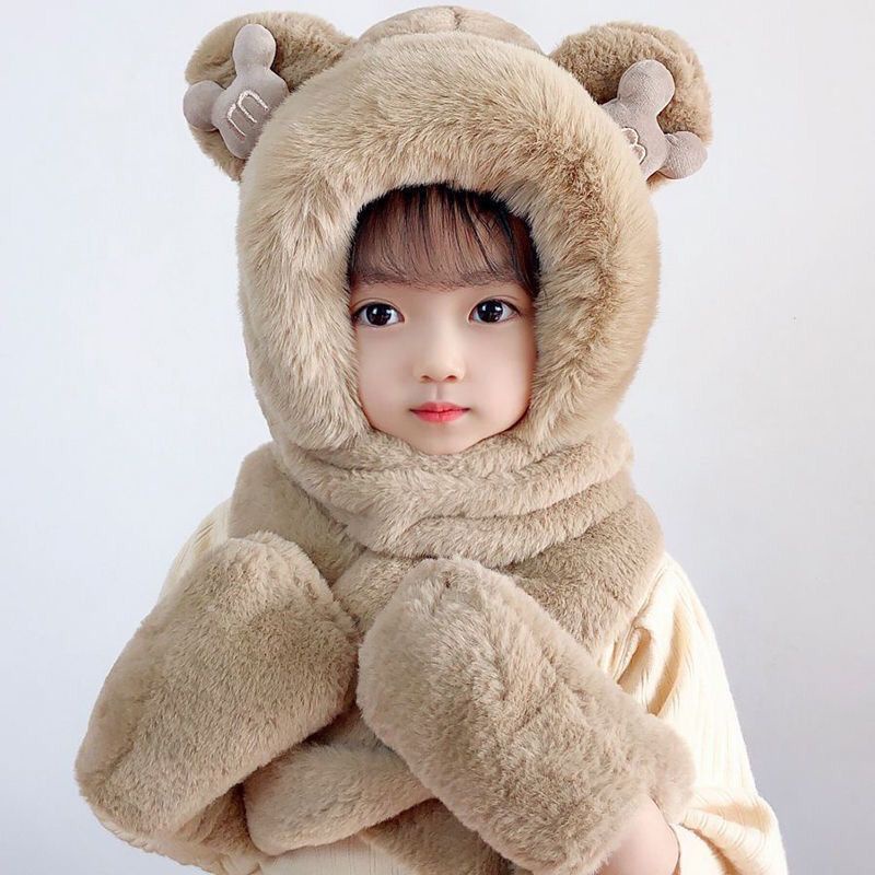 Set Mũ Len Liền Găng Tay Lót Lông Cừu Dày Dặn Giữ Ấm Mùa Đông Cho Bé