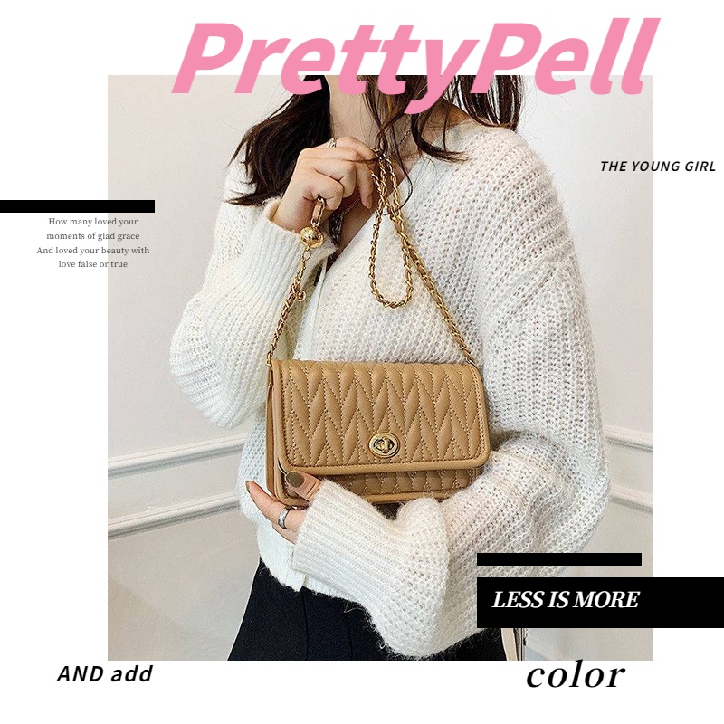 Prettypell♥Túi xách nữ chuỗi quả bóng vàng nhỏ túi vuông chuỗi túi sát nách phong cách nước ngoài túi đeo vai xếp ly Túi Messenger
