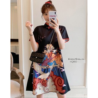  Young Mom | Đầm bầu mặc Tết cách tân HQ800 chất vảu lụa form dáng suôn A hàng nhập Quảng Châu 