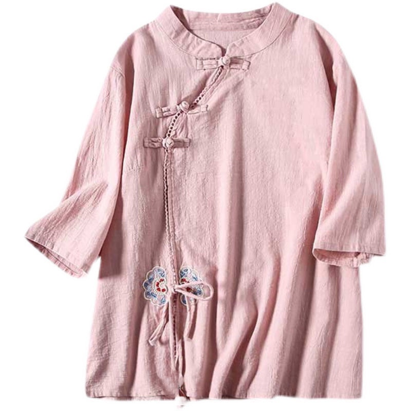 Áo Cotton Lanh Cổ Đứng Tay Lửng Cài Nút In Hoa Nhỏ Màu Trơn Kiểu Trung Hoa Retro Cho Nữ