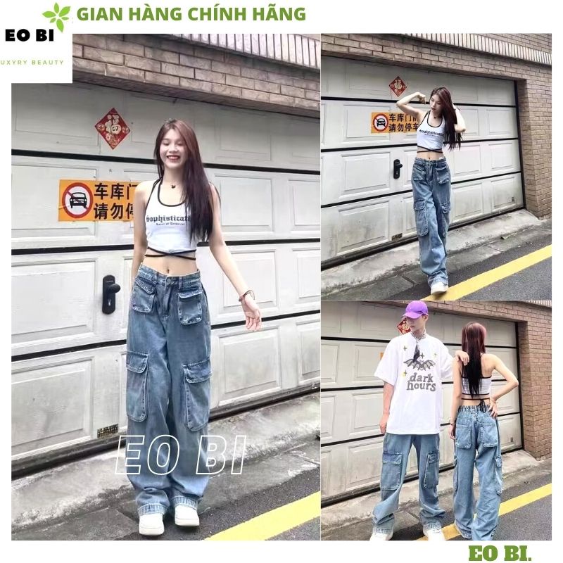 Quần JEAN Túi Hộp HIPHOP Xanh Nhiều Túi Lưng Cao Ống Rộng Phong Cách Retro, Quần bò xanh thời trang hottrend 2022 - EOBI