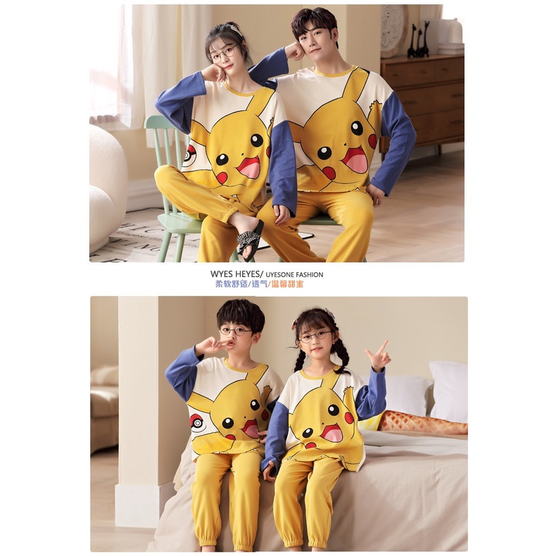 Bộ Đồ Ngủ Tay Dài Chất Liệu Cotton Mỏng In Họa Tiết Hoạt Hình Pikachu Dễ Thương Thời Trang Xuân Hè Cho Gia Đình