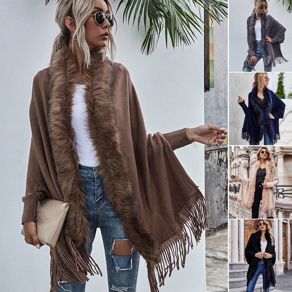 Áo Khoác Cardigan Dệt Kim Tay Cánh Dơi Dài Vừa Vặn Với Khăn Choàng Lông Nhân Tạo Viền Tua Rua Mùa Thu Đông Cho Nữ