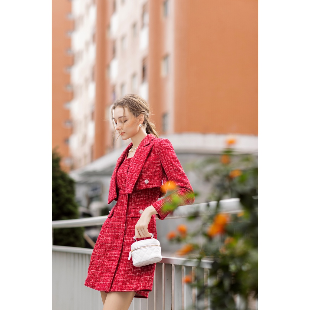 Set vest công sở nữ Lamia Design SET020 dạ tweed nhung màu đỏ sang trọng tinh tế