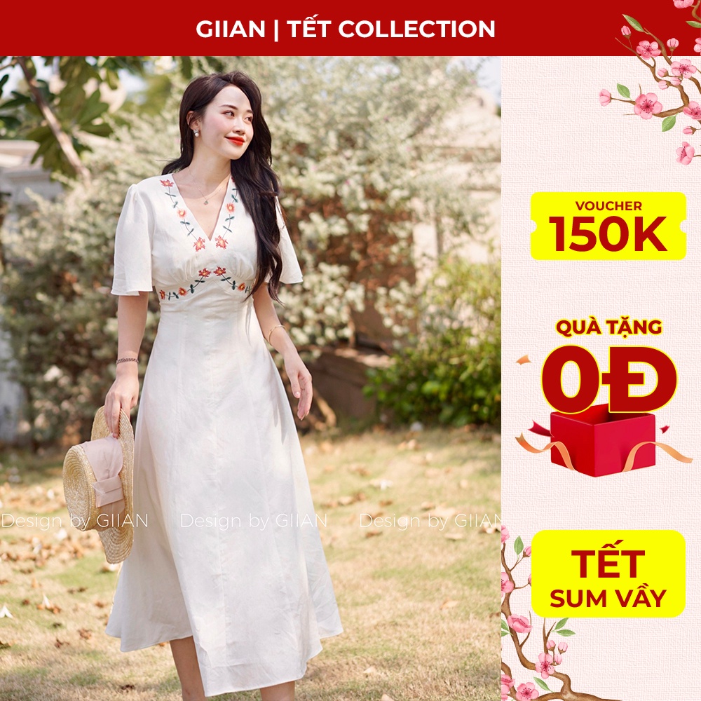Váy trắng dáng dài cổ V thiết kế họa tiết thêu hoa Design by GIIAN - GV2507