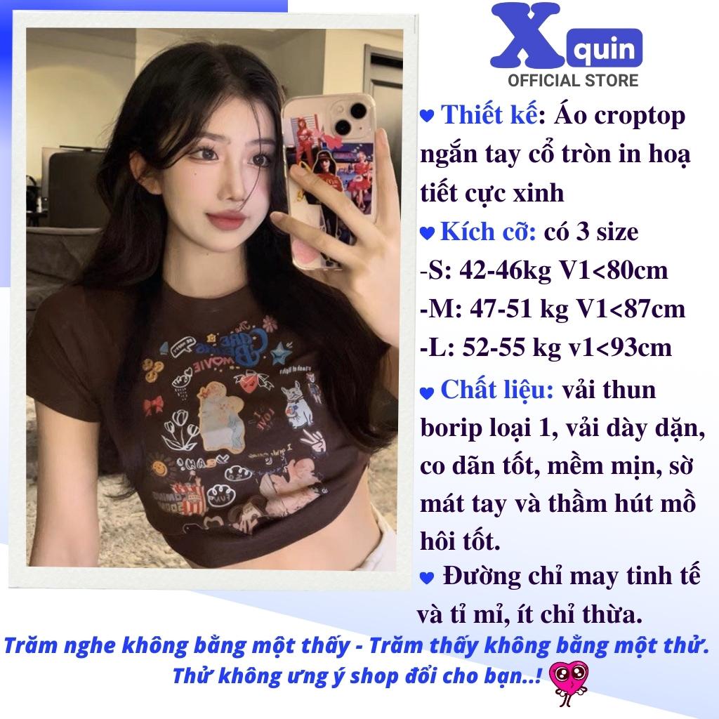 Áo croptop ngắn tay in hoạ tiết ôm body Xquin, Áo kiểu nữ ngắn tay cổ tròn chất thun dày dặn