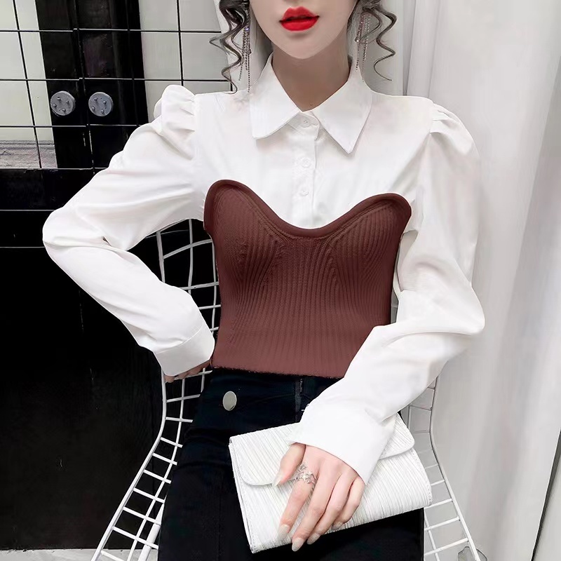 Áo Sơ Mi Giả Hai Lớp Tay Dài Màu Sắc Tương Phản Phong Cách Hàn Quốc