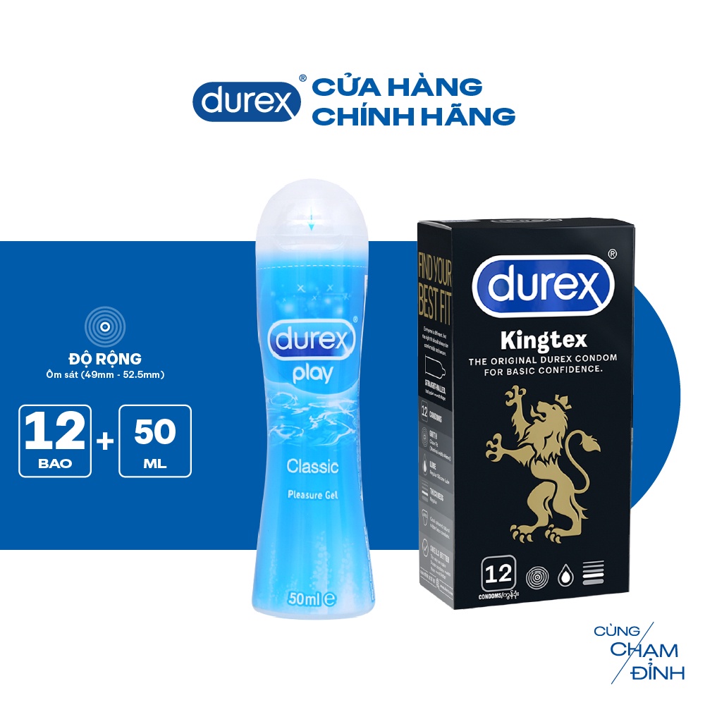 Bộ 1 hộp bao cao su Durex Kingtex ôm sát (size 49mm, 12 bao/hộp) và 1 chai Gel bôi trơn Classic gốc nước 50ml