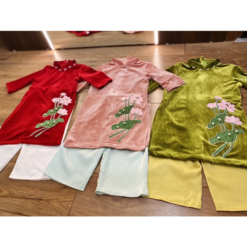 Áo dài nhung bé gái thêu sen 8-33kg