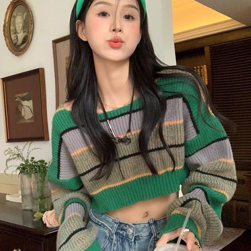 IELGY   Áo sweater Ngắn Kẻ Sọc Màu Sắc Dễ Phối Đồ Thời Trang Cho Nữ