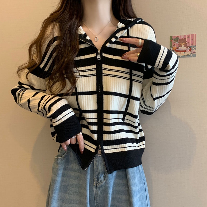 Áo Hoodie Dệt Kim Tay Dài Kẻ Sọc Thời Trang Hàn Quốc Cho Nữ