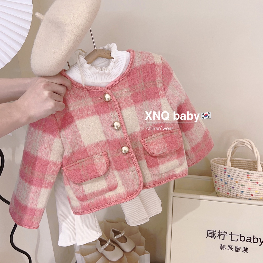 (Set Áo Mẹ Và Bé) Áo Dạ Tweed Cho Bé Kẻ Caro Trắng Hồng Hot Trend Tiểu Thư 2022 Dày Dặn AK786