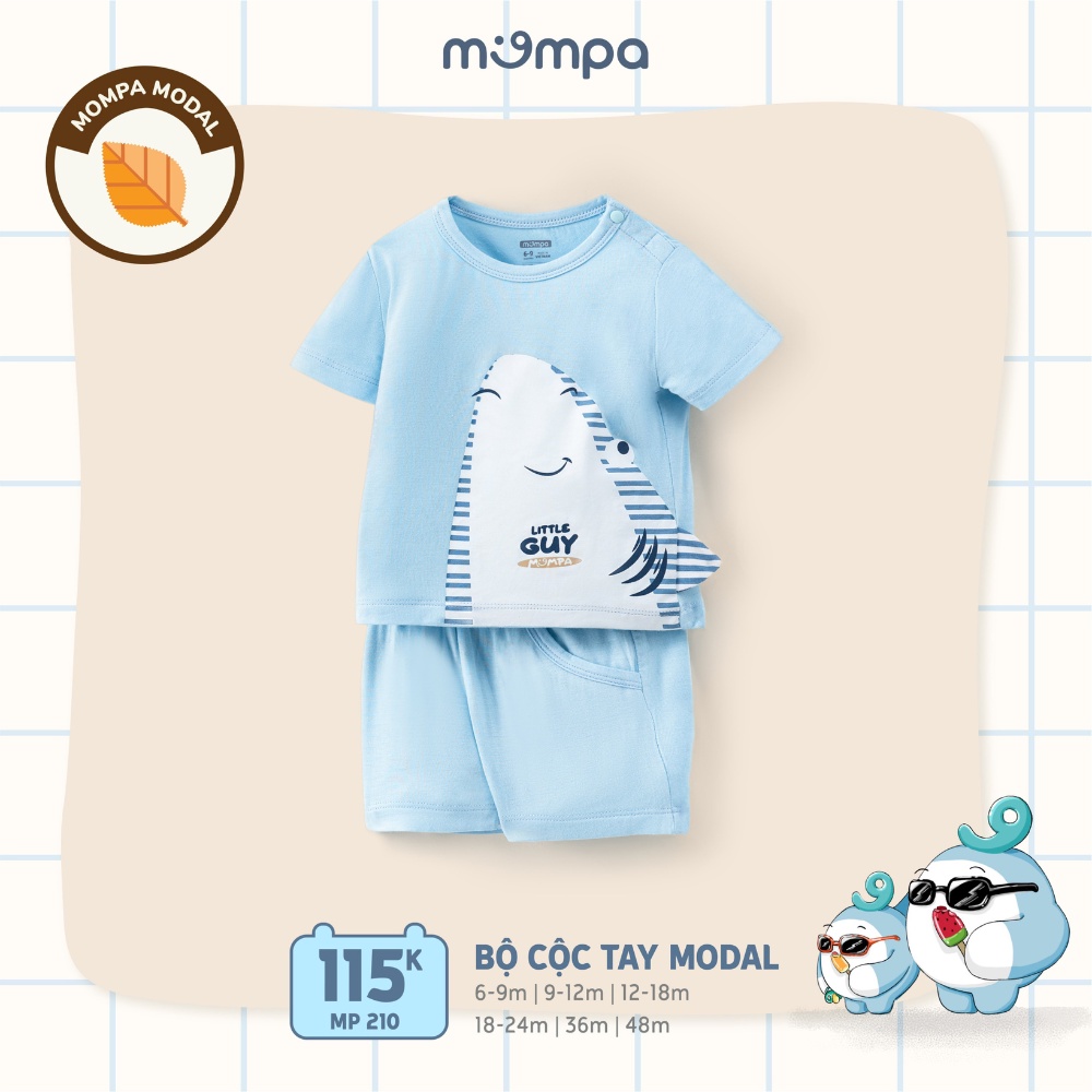 Bộ quần áo cộc tay cho bé Mompa 6 tháng - 4 tuổi vải Modal cài vai thoáng mát co giãn thấm hút 210