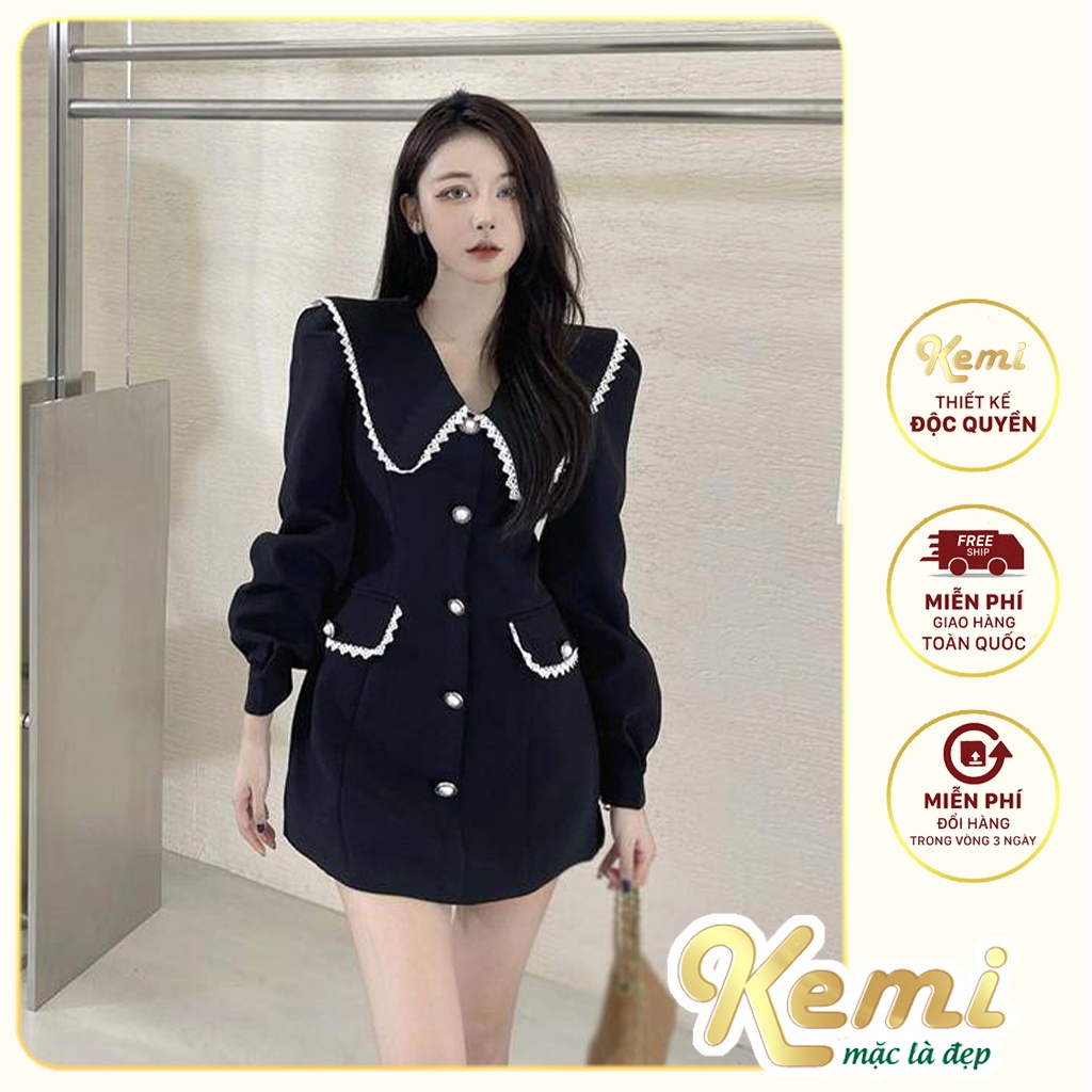 Đầm váy nữ thiết kế cổ V viền kê ren dáng A công sở Kemi kiểu dáng nữ tính đầm style sành điệu