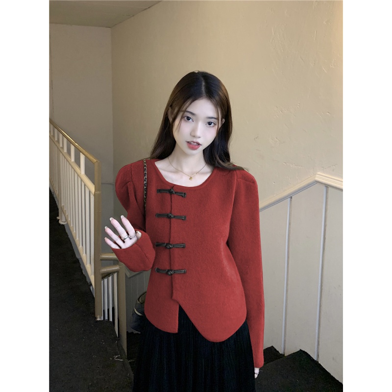 ZHELIHANGFEI Áo Khoác Cardigan Dệt Kim Tay Phồng Lưng Cao Thiết Kế Sành Điệu Cho Nữ