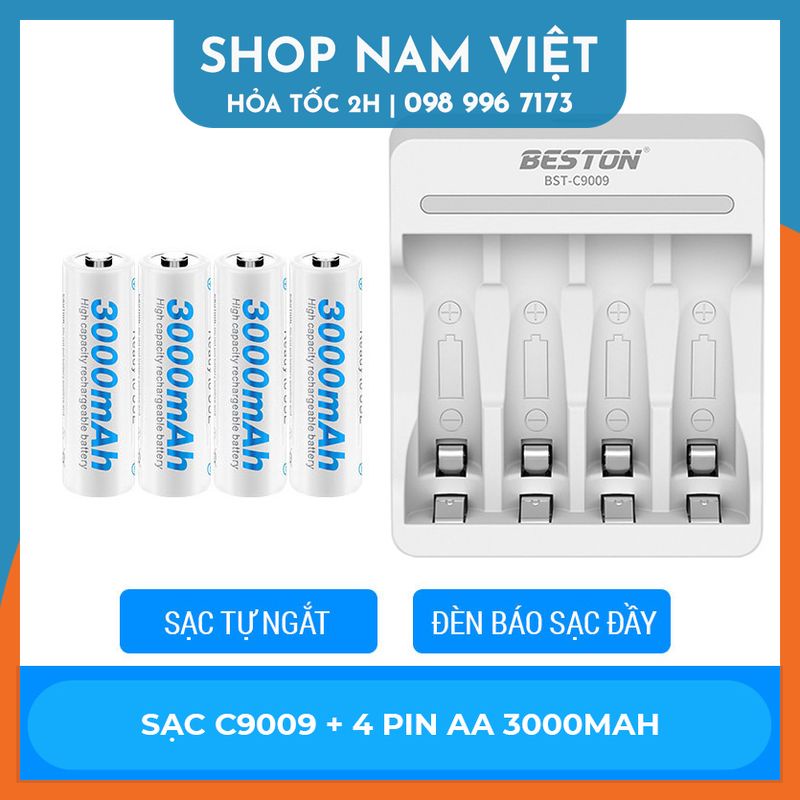 [Chính Hãng] Combo Pin Sạc BESTON AA 3000Mah Kèm Sạc C9009 Sạc Nhanh Tự Ngắt - BH 1 Đổi 1