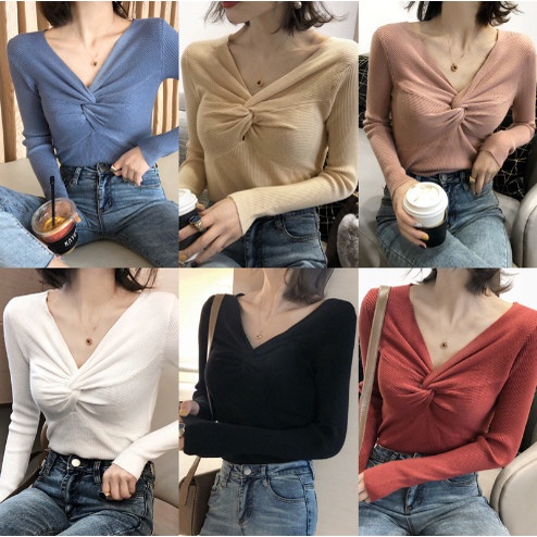 Áo len tăm nữ Quảng Châu xoắn ngực dài tay phong cách Hàn Quốc freesize MS350 (ảnh+video shop tự quay)