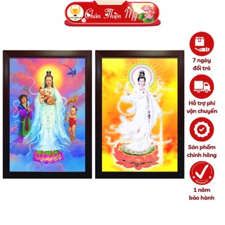Tranh phật treo tường quan âm bồ tát đứng có đèn chân thiện mỹ, trang trí phòng thờ, tượng phật cdqtađ-04