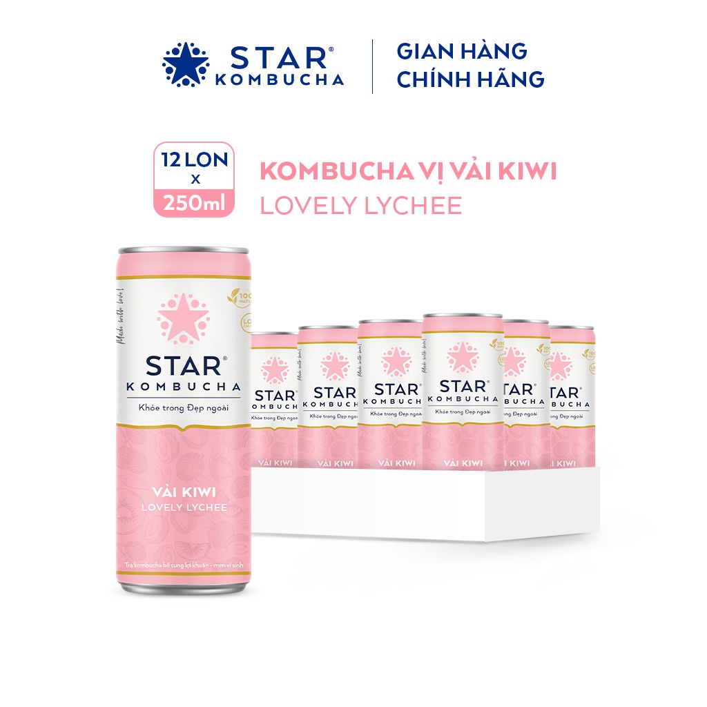 Thùng 12 lon trà lên men STAR KOMBUCHA Vải Kiwi / Lovely Lychee (250ml/lon) - Trà kombucha giảm cân chứa probiotics