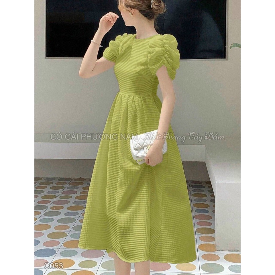 [12.12 Sales FFreeship] Đầm nữ vintage dáng dài, đầm chất xô cổ tròn ôm eo tay phồng bèo dáng xòe nhiều màu sắc xinh xắn