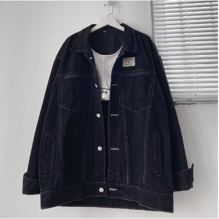 Áo khoác jeans màu đen xanh,áo khoác bò freesize form rộng unisex nam nữ