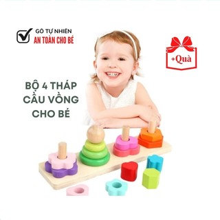 Bộ 4 Tháp Cọc Xếp Hình Nhiều Màu Bằng Gỗ Đa Năng Cho Bé Học Nhận Biết HÌnh Học Và Màu Sắc BEEKIDS