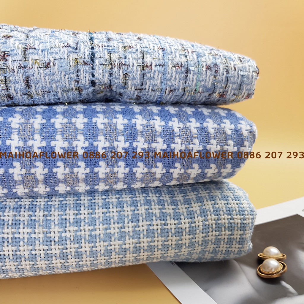 Vải dạ tweed xanh kẻ vải dạ bố dùng may áo vest mùa thu đông, ánh kim tuyến, dày ấm áp, Maihoaflower