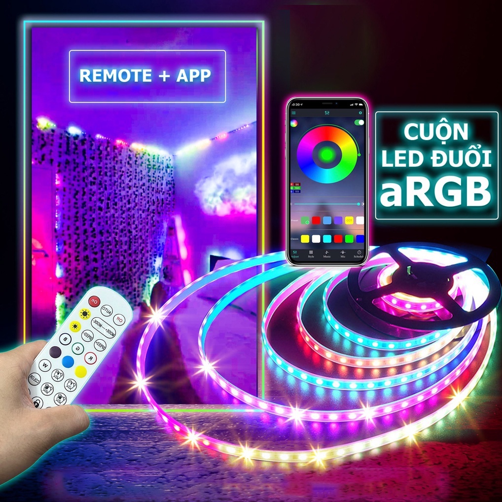 CUỘN NHÁY CHỚP LED ĐUỔI 10M RGB CHUYỂN NHIỀU MÀU DÙNG APP + KHIỂN + CẢM BIẾN ÂM THANH NGOÀI TRỜI